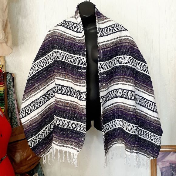 GROOVY GLAM Handmade Leather Fringed Concho Purple Falsa Blanket Wrap Shawl - Picture 6 of 6
